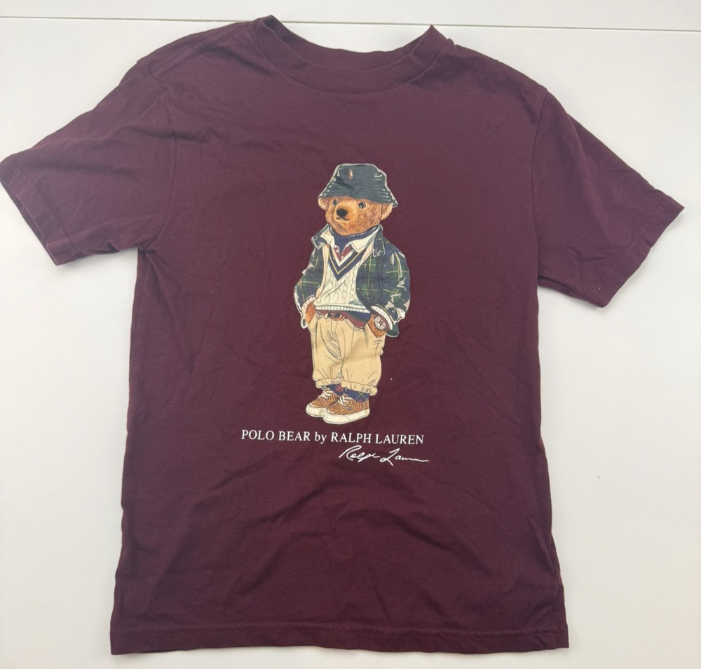 Polo Ralph Lauren Polo Bear T Shirt Boys Size 8 Burgundy Bucket Hat Graphic